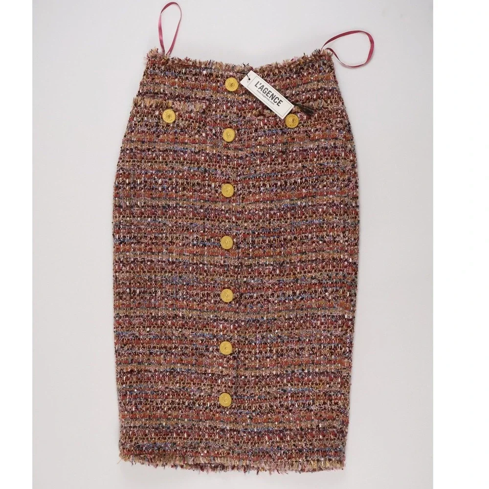 L'AGENCE Tri Midi Skirt Mauve Tan Multi Tweed 2 NWT